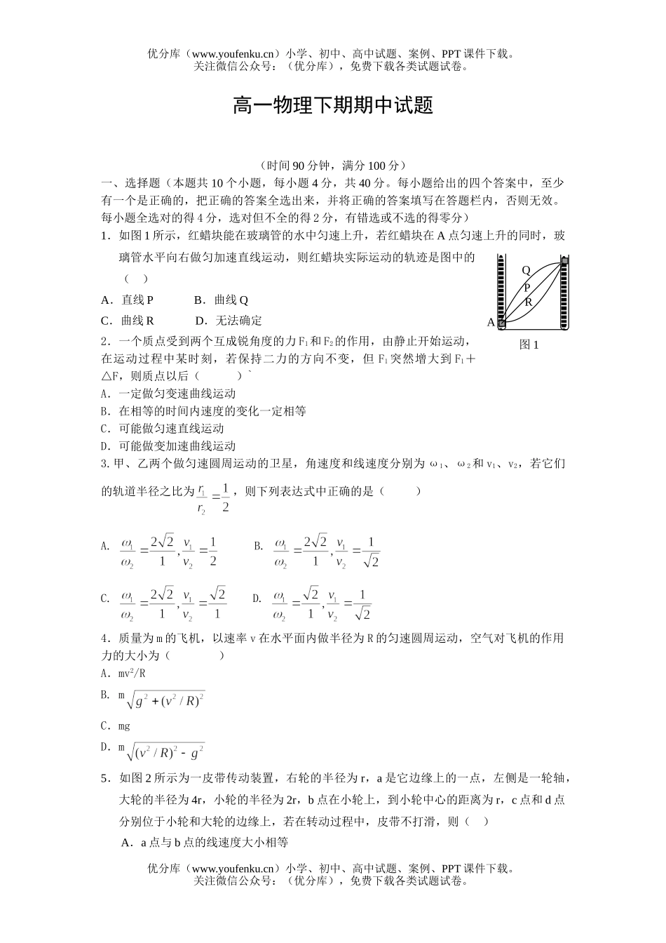 高中一年级物理下期期中试卷_第1页