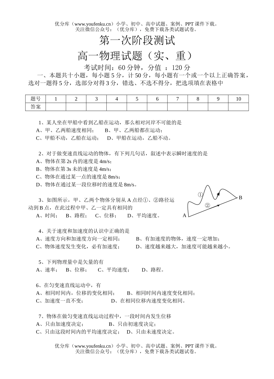 高中一年级物理第一次月考试卷_第1页