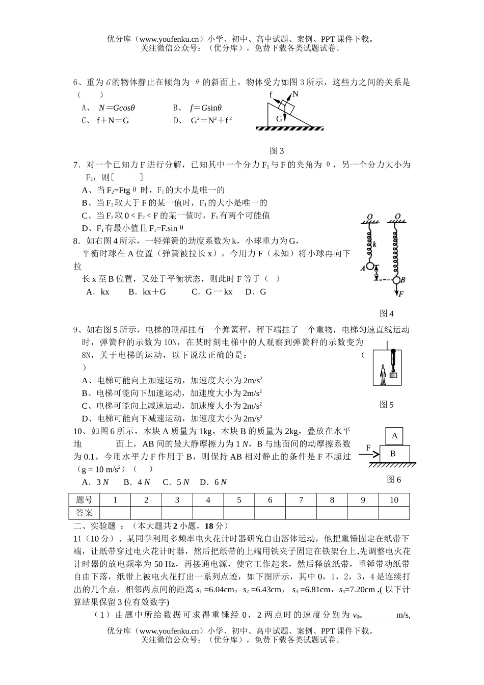 高中一年级物理上学期阶段检测1试卷_第2页