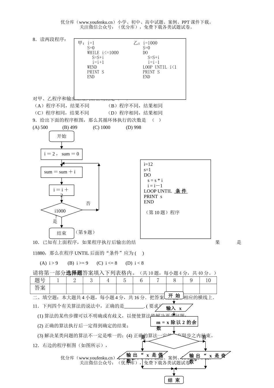 高中一年级数学算法测及答案详解试卷_第2页
