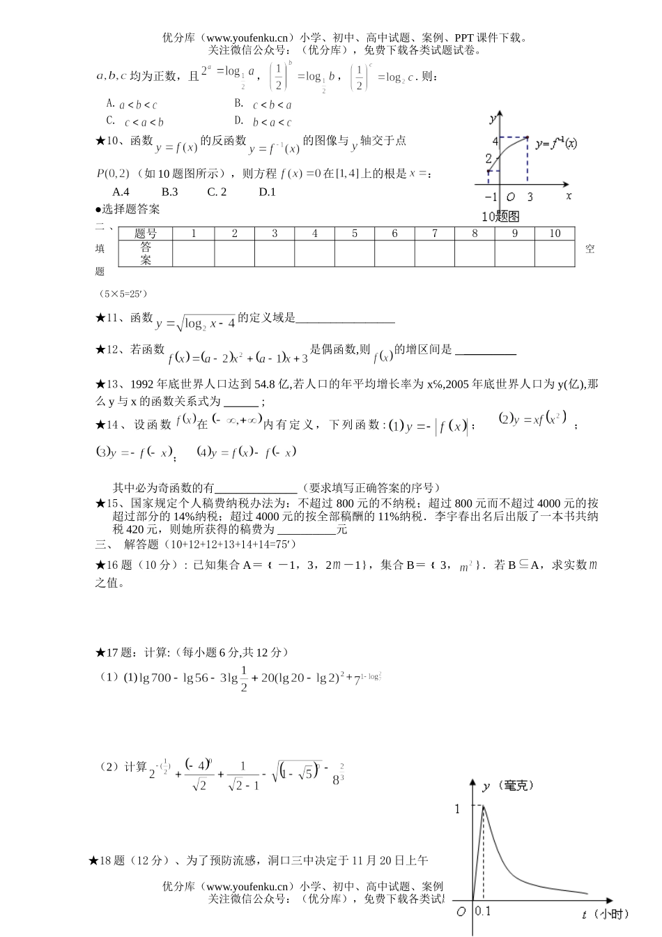 高中一年级数学第一学期期中测验试卷_第2页