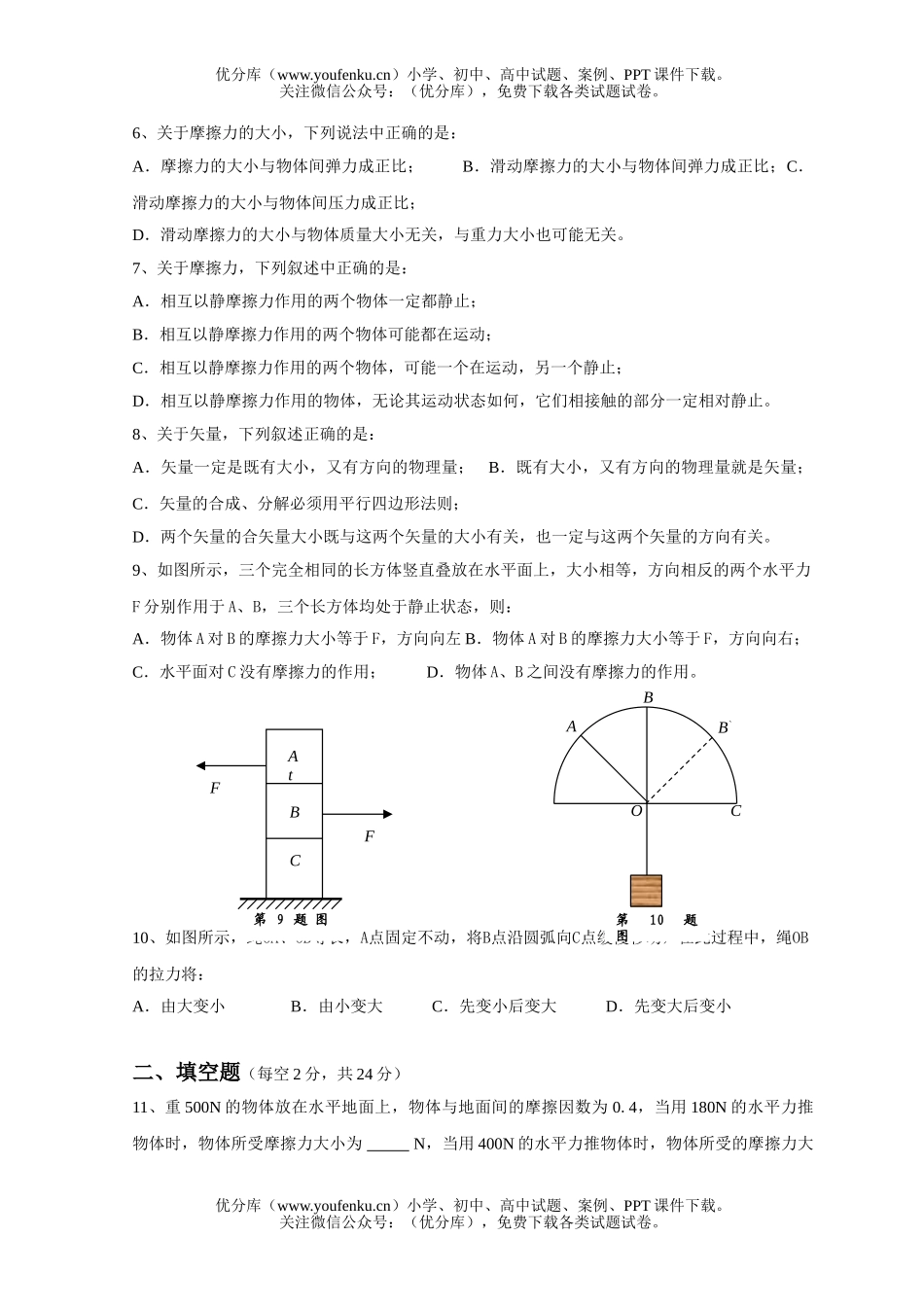 高中一年级物理力与物体的平衡测试卷_第2页