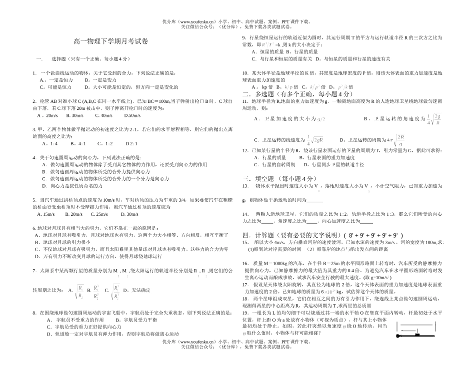 高中一年级物理下学期月考试卷_第1页