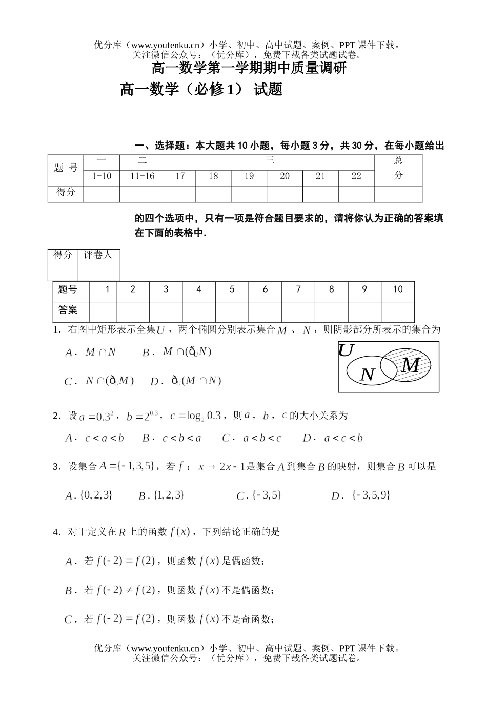 高中一年级数学第一学期期中质量调研试卷_第1页