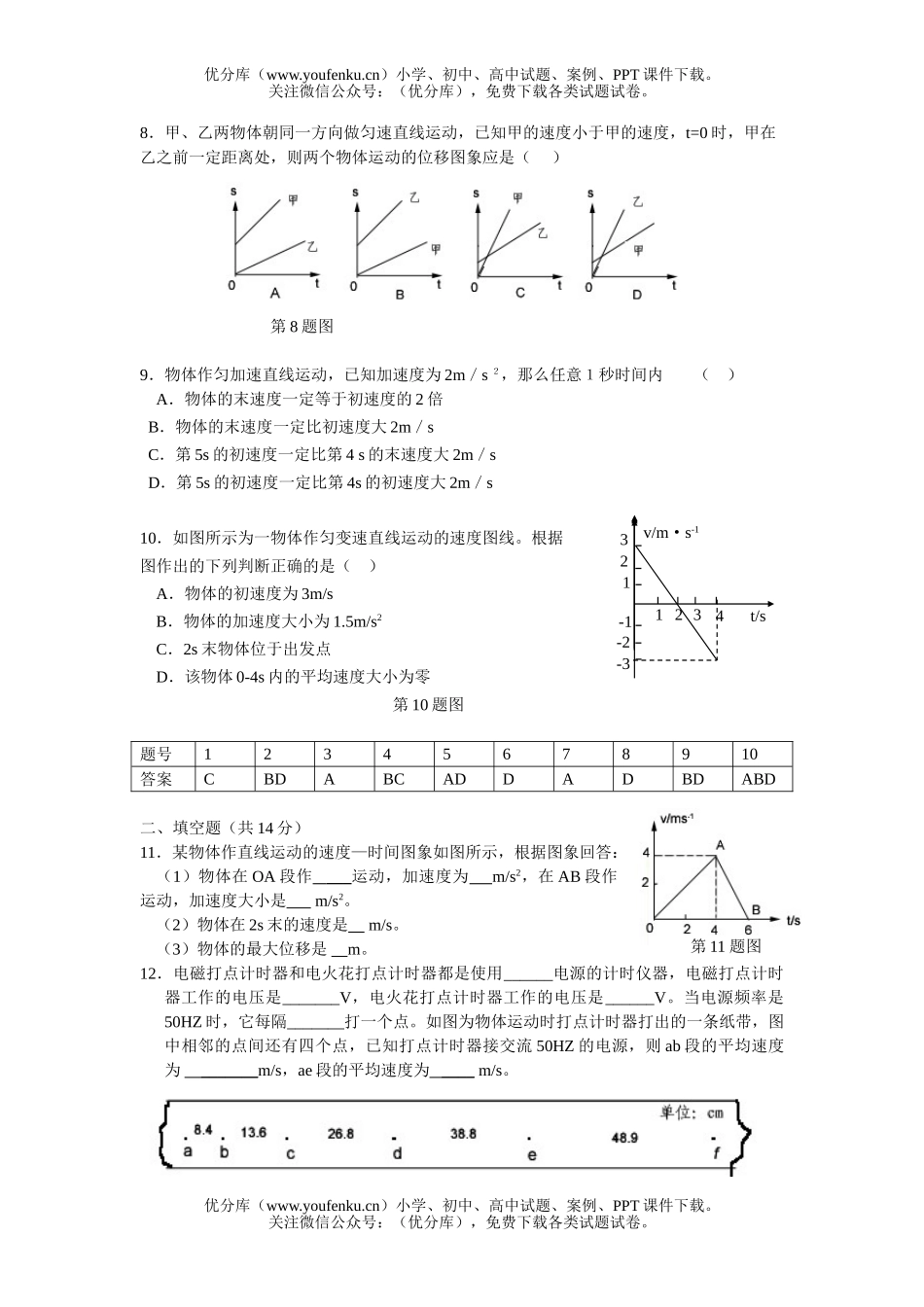 高中一年级物理描述的运动测试卷_第2页