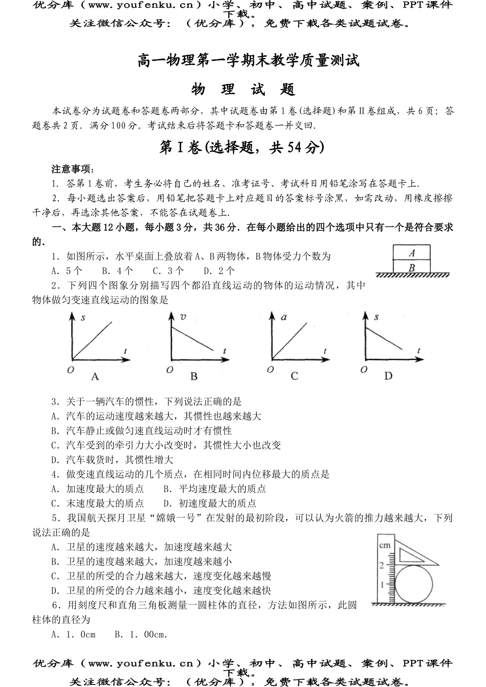 高中一年级物理第一学期末教学质量测试卷_第1页
