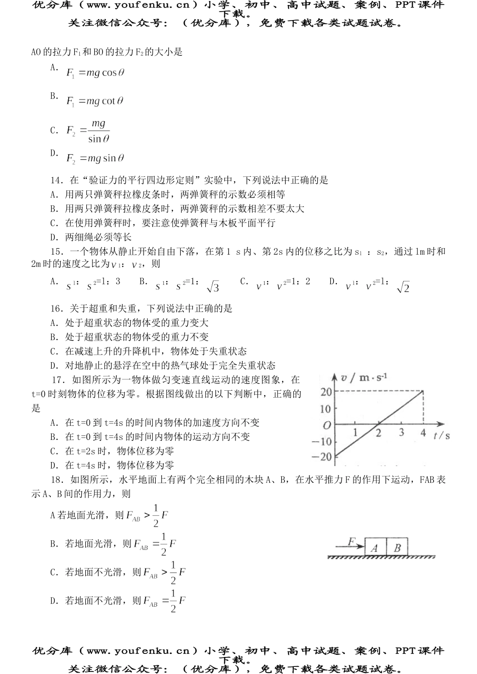 高中一年级物理第一学期末教学质量测试卷_第3页