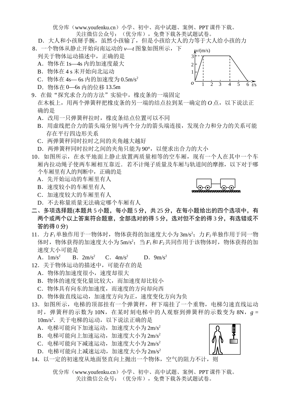 高中一年级物理第一学期期末调研测试1试卷_第2页