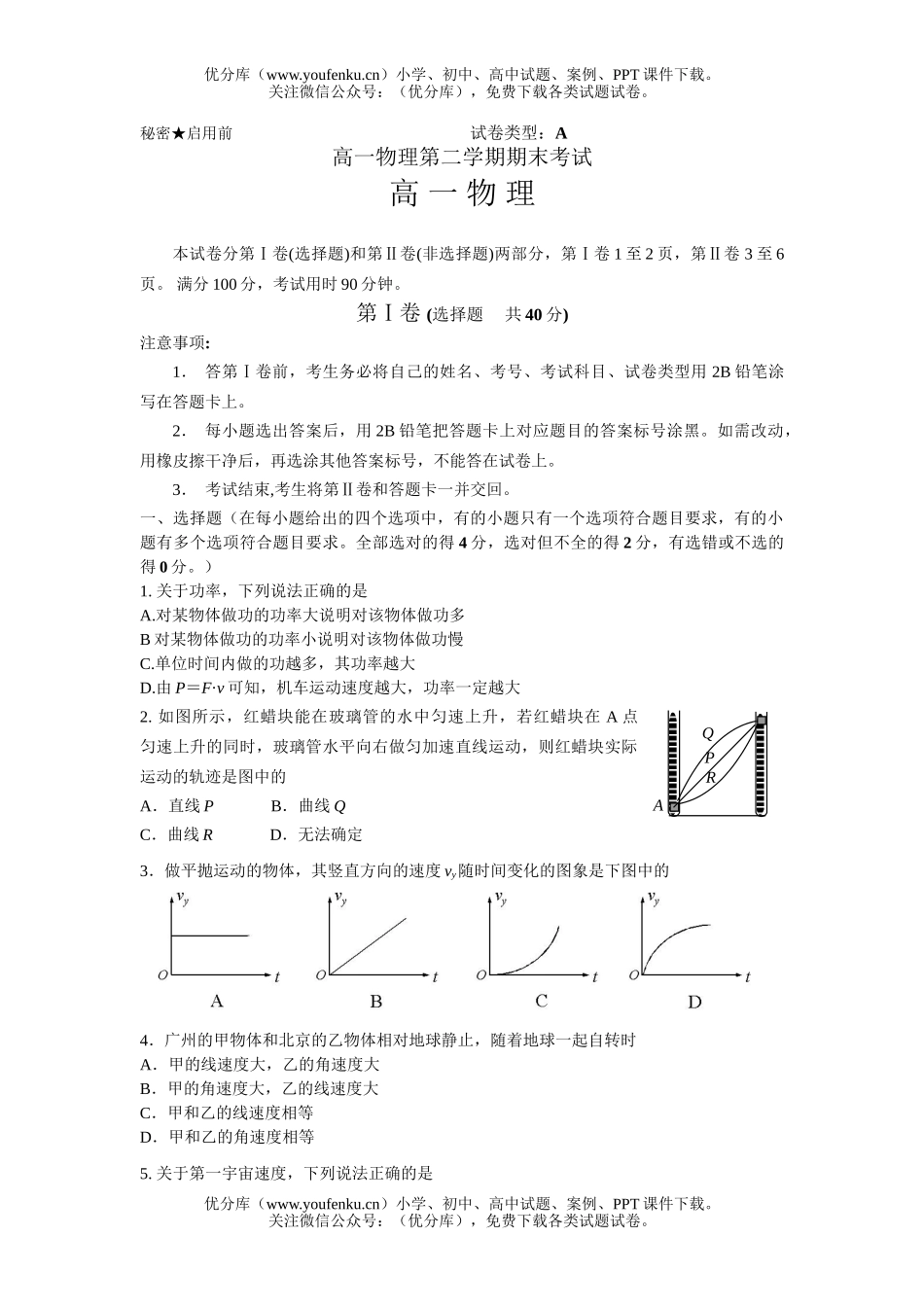 高中一年级物理第二学期期末考试卷_第1页