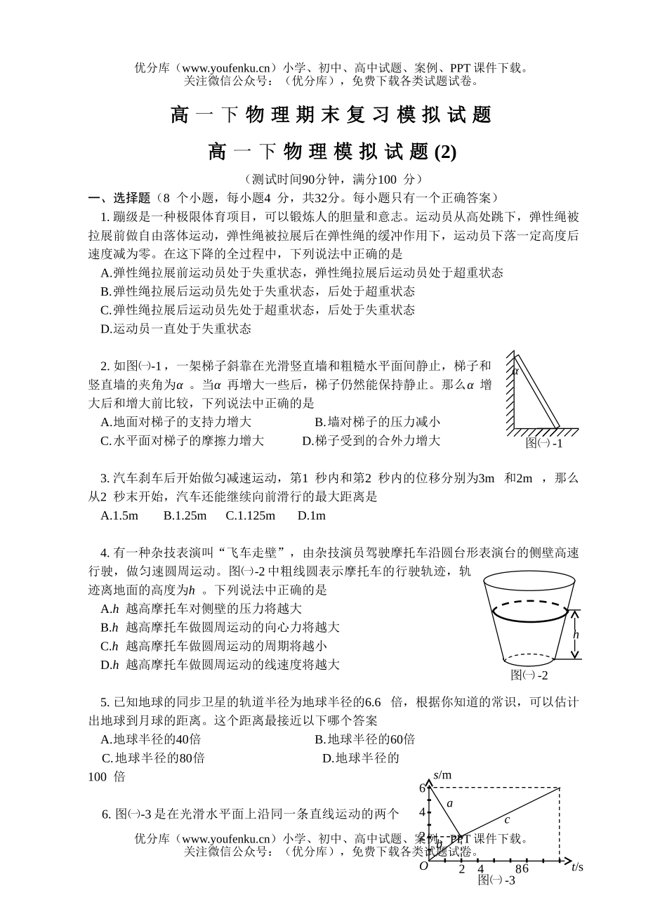 高中一年级物理下期末复习模拟2试卷_第1页