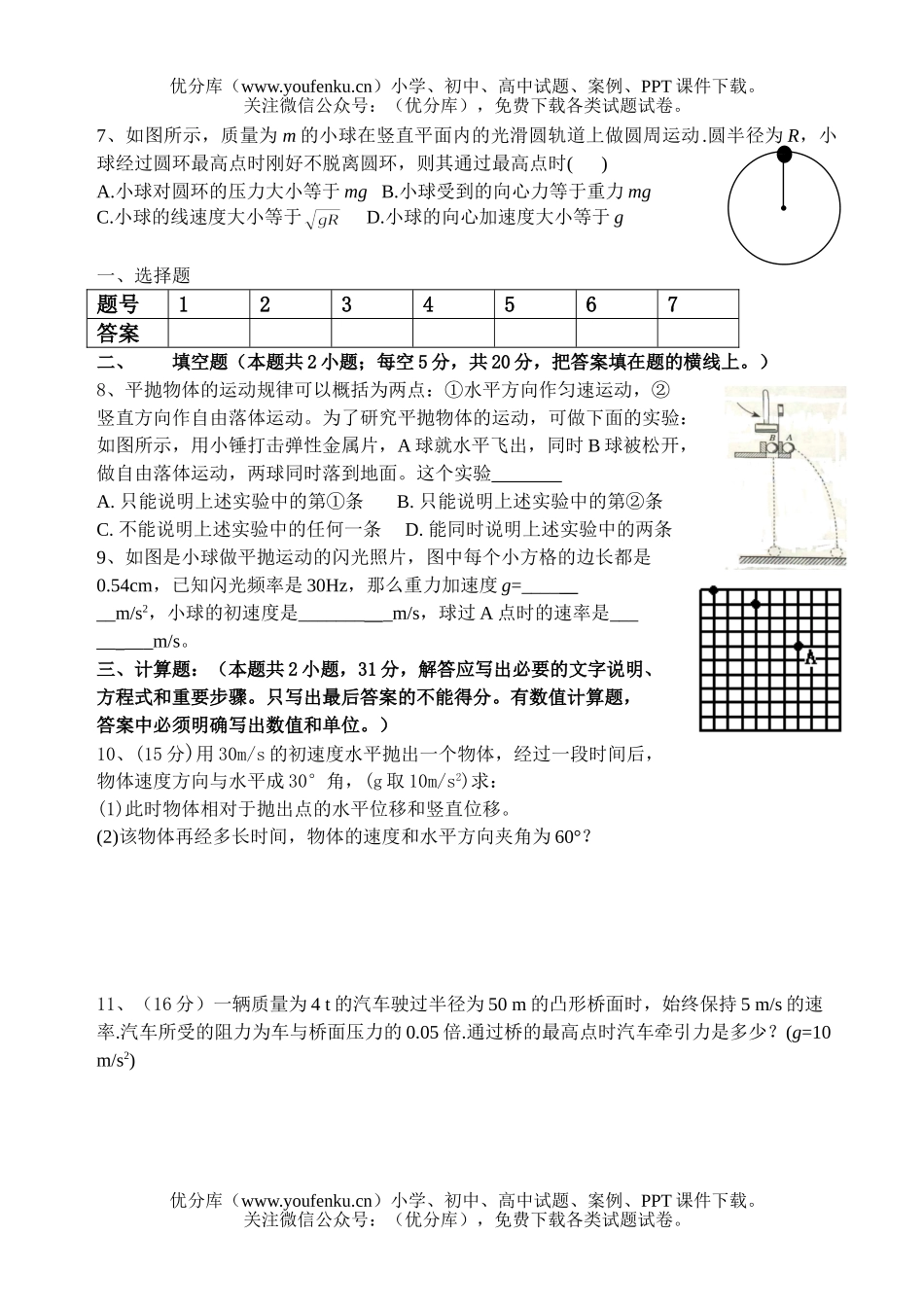 高中一年级物理曲线运动单元检测题试卷_第2页