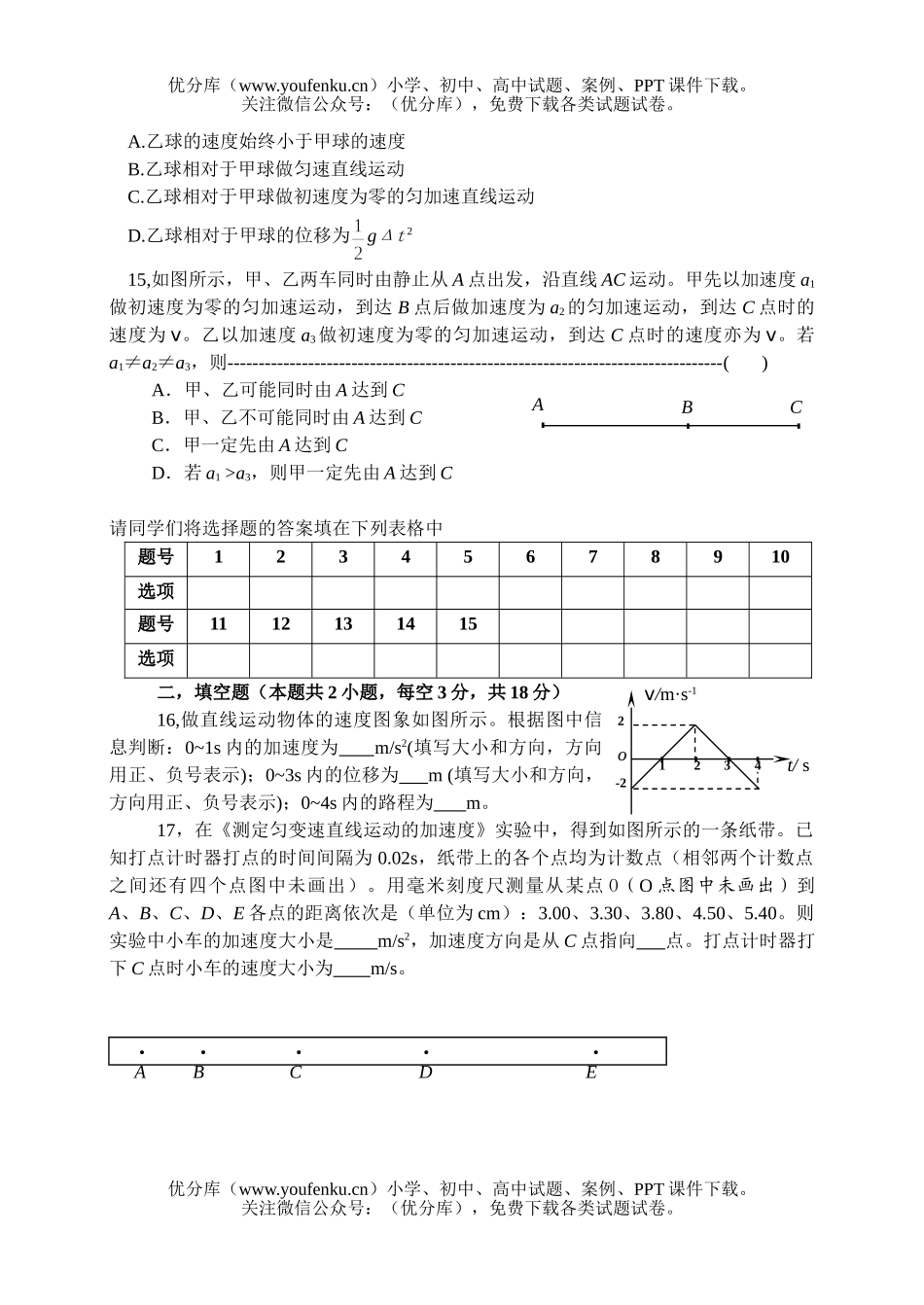 高中一年级物理高第一学期期中考试卷_第3页