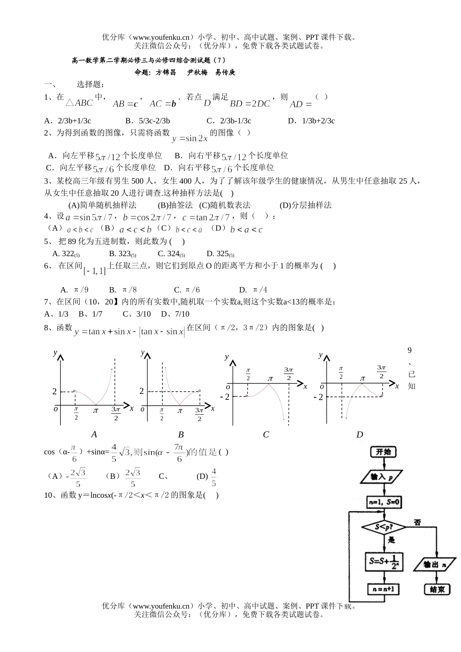 高中一年级数学第二学期必修三与必修四综合测试卷_第1页