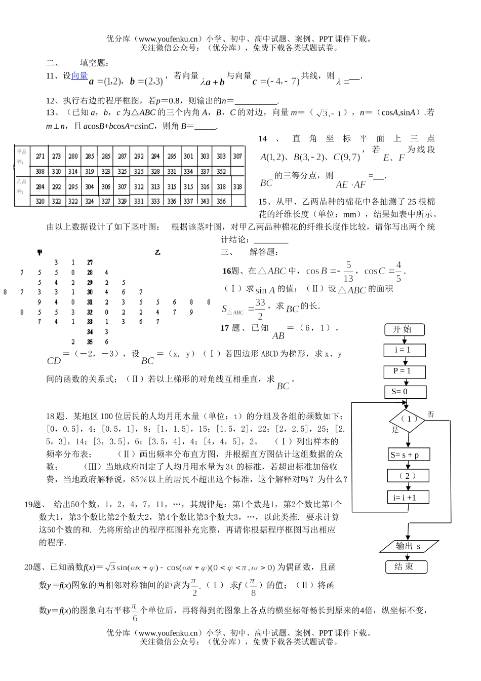 高中一年级数学第二学期必修三与必修四综合测试卷_第2页