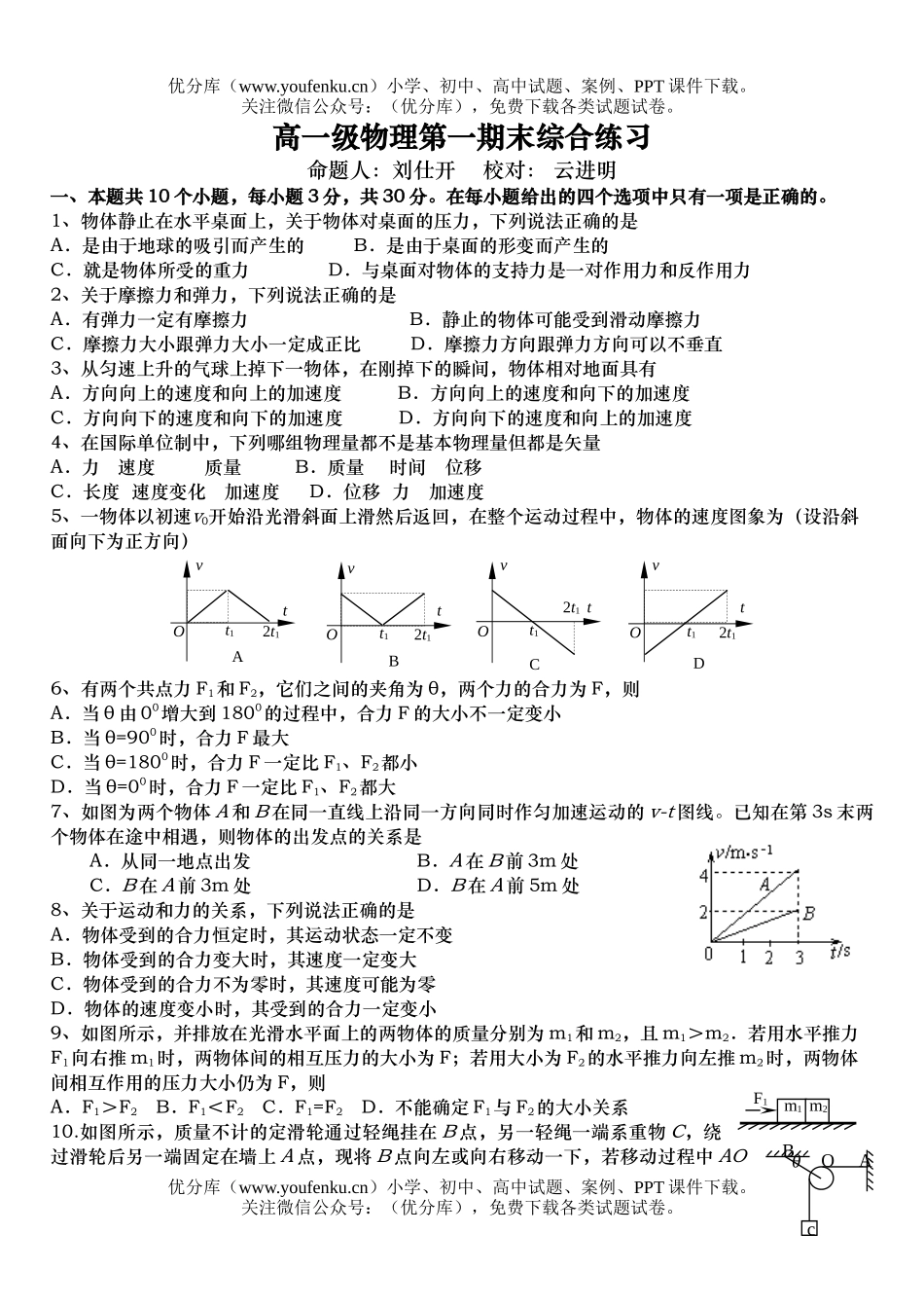 高中一年级物理级第一期末综合练习试卷_第1页