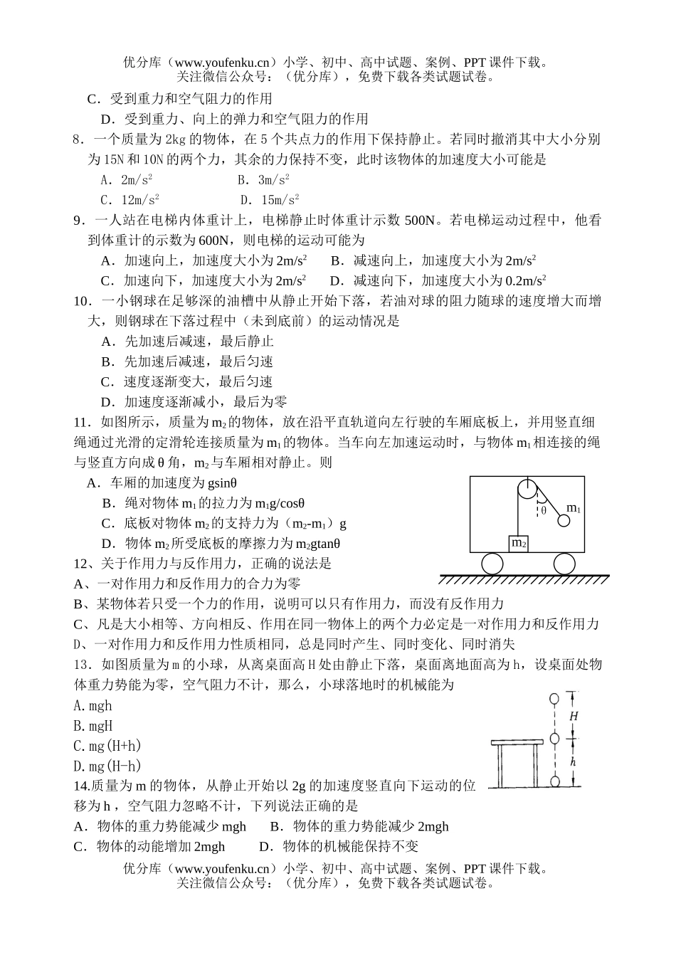 高中一年级物理上学期期末考试卷_第2页