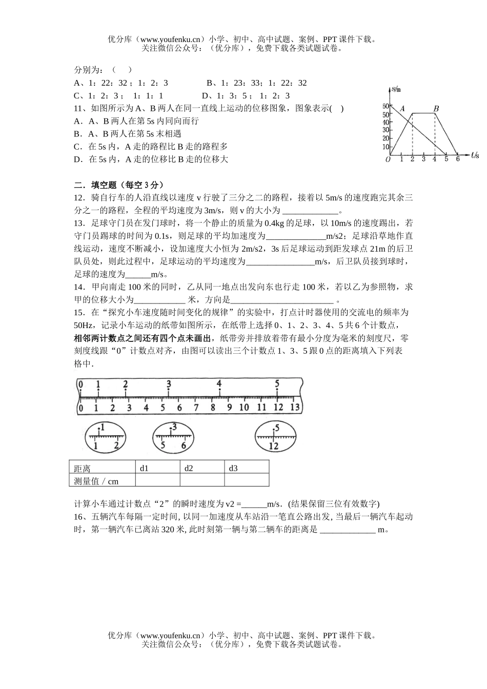 高中一年级物理上学期第一阶段测试卷_第2页