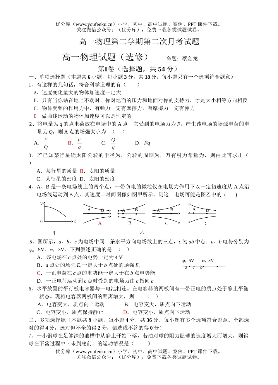 高中一年级物理第二学期第二次月考试卷_第1页