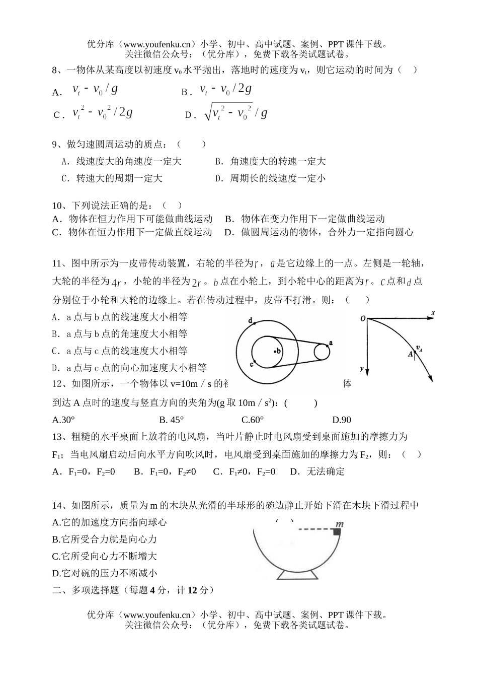 高中一年级物理下期期中复习卷2试卷_第2页
