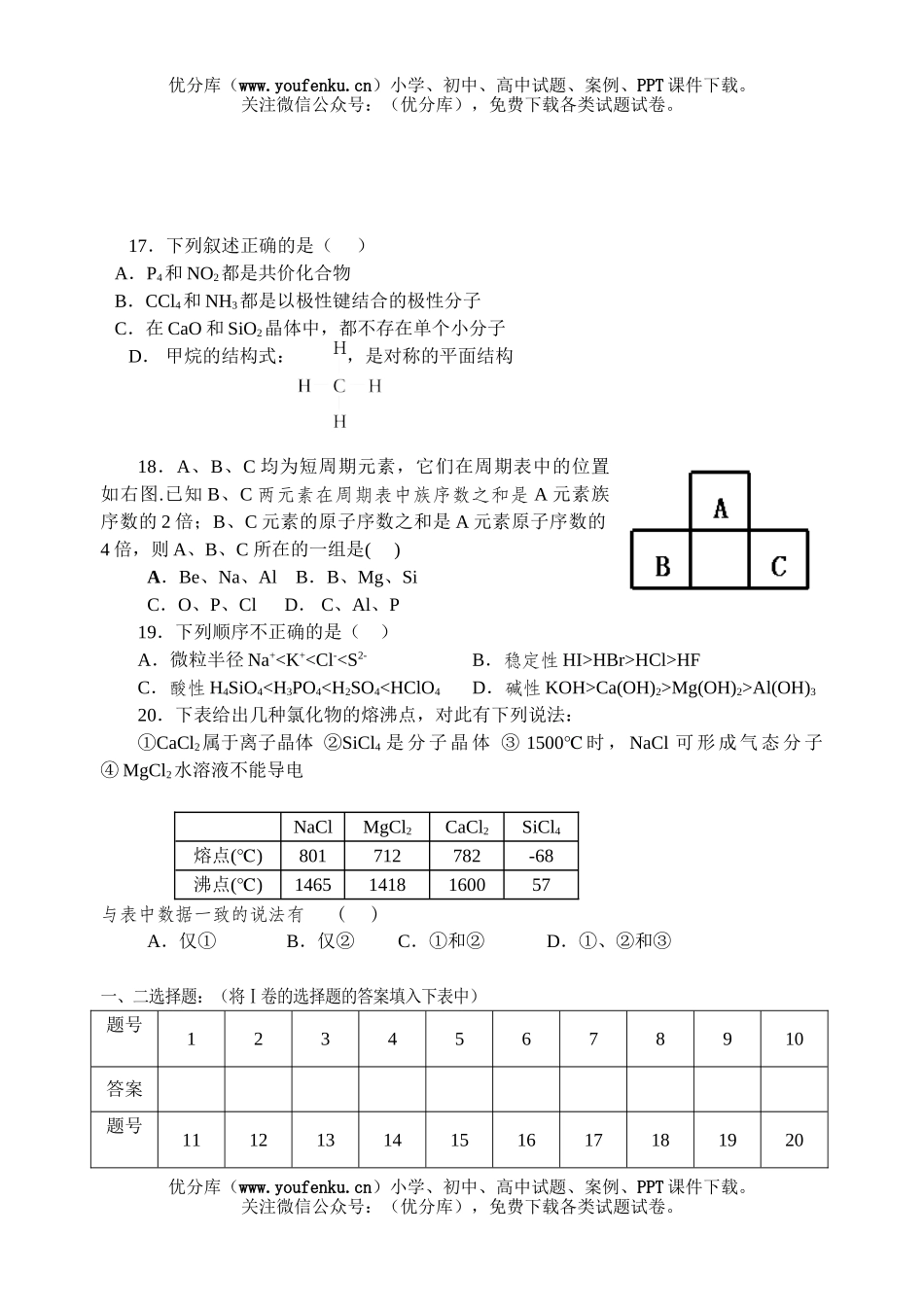 高中一年级化学第二学期综合练习试卷_第3页