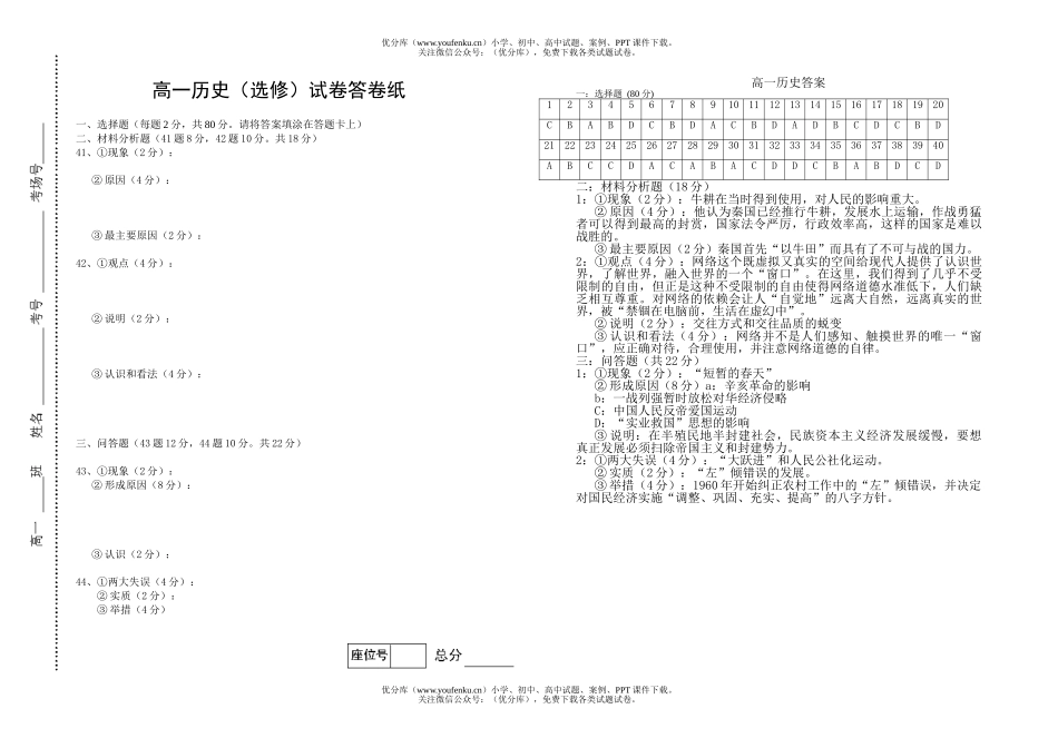 高中一年级历史(选修)2试卷_第2页
