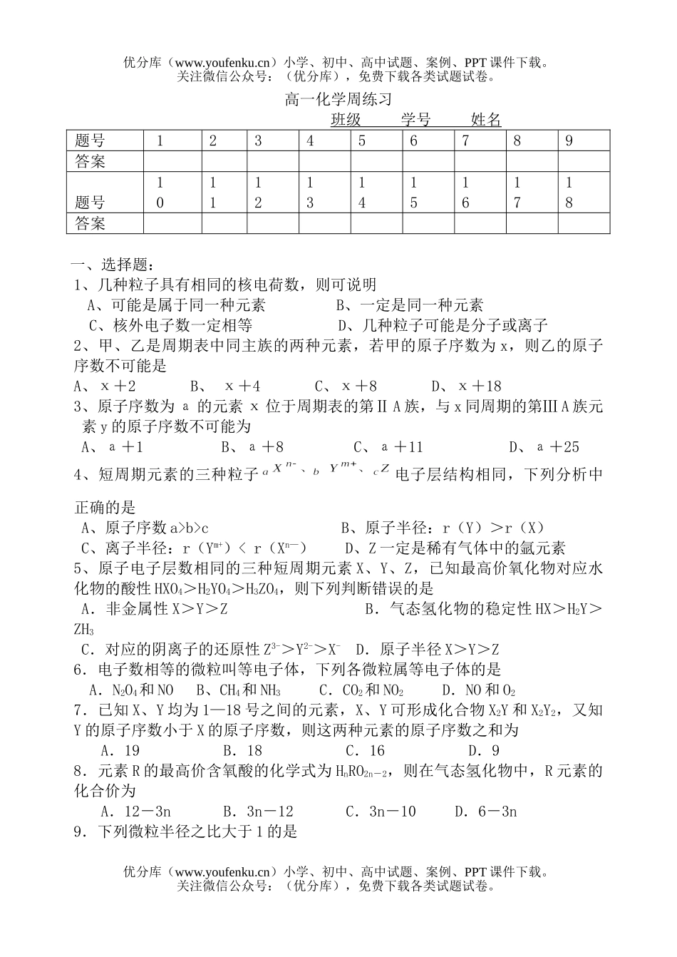 高中一年级化学周练习试卷_第1页