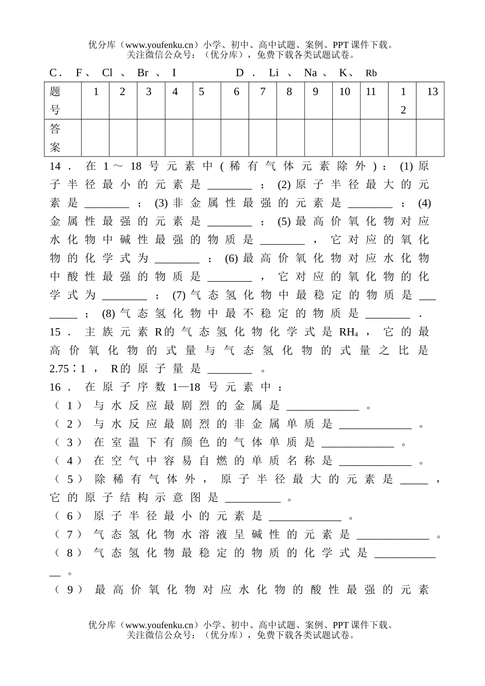 高中一年级化学元素周期律练习题试卷_第3页