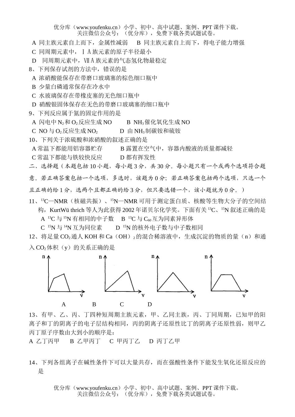 高中一年级化学第二学期期末调研测试卷_第1页