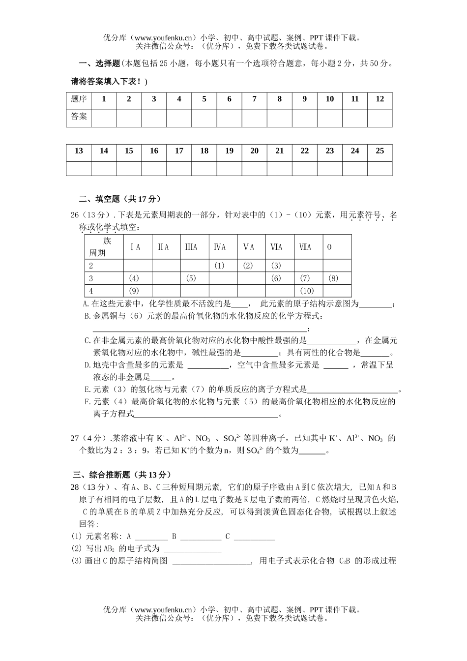 高中一年级化学第二学期复习题试卷_第3页