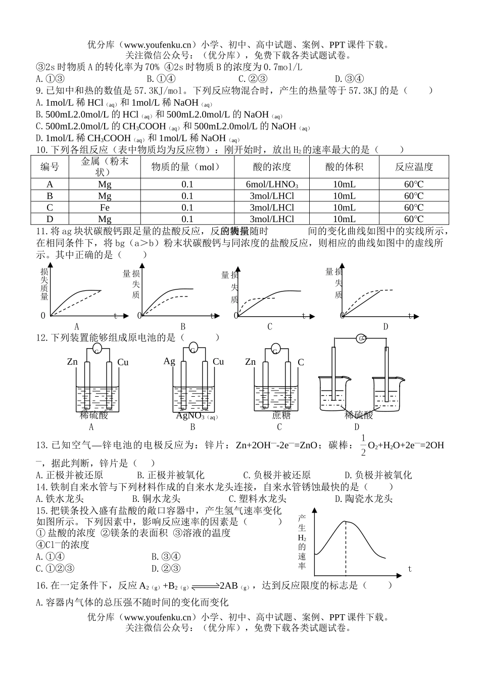 高中一年级化学第二章《反应与能量》测试卷_第2页