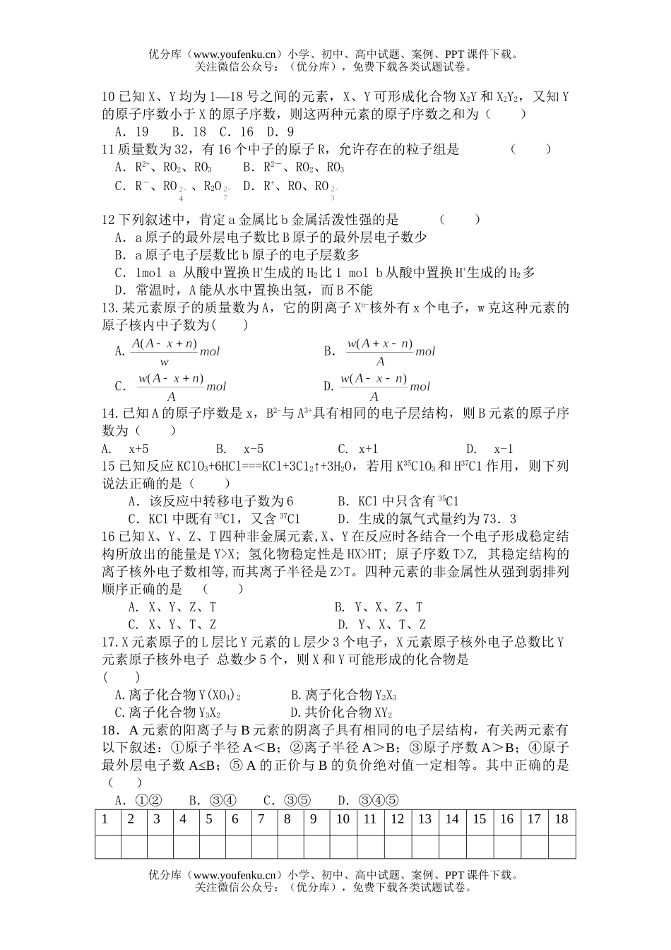 高中一年级化学三月月考试卷_第2页