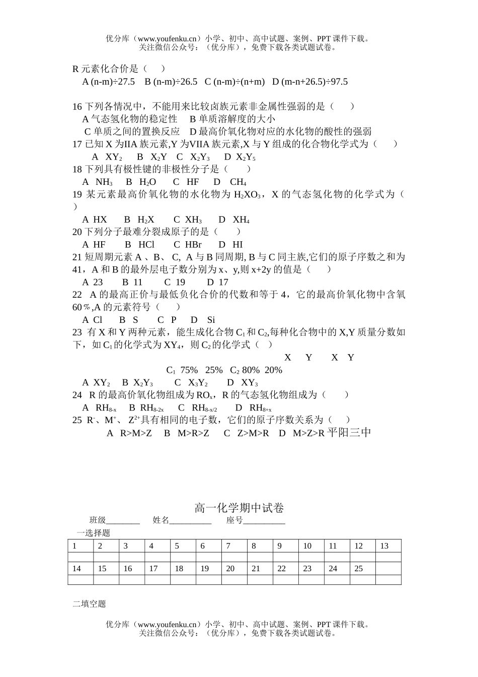 高中一年级化学期中2试卷_第2页