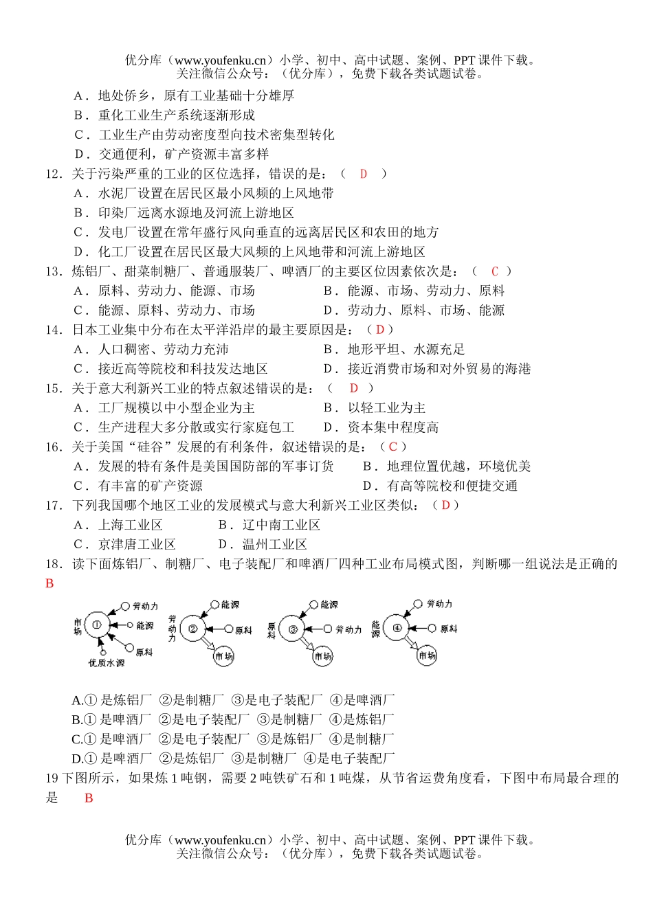 高中一年级地理第四单元工业地域的形成单元测试卷_第2页