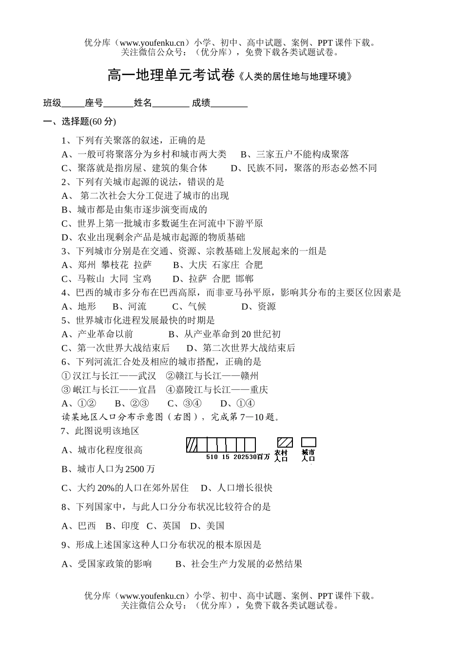 高中一年级地理单元考《人类的居住地与环境》试卷_第1页