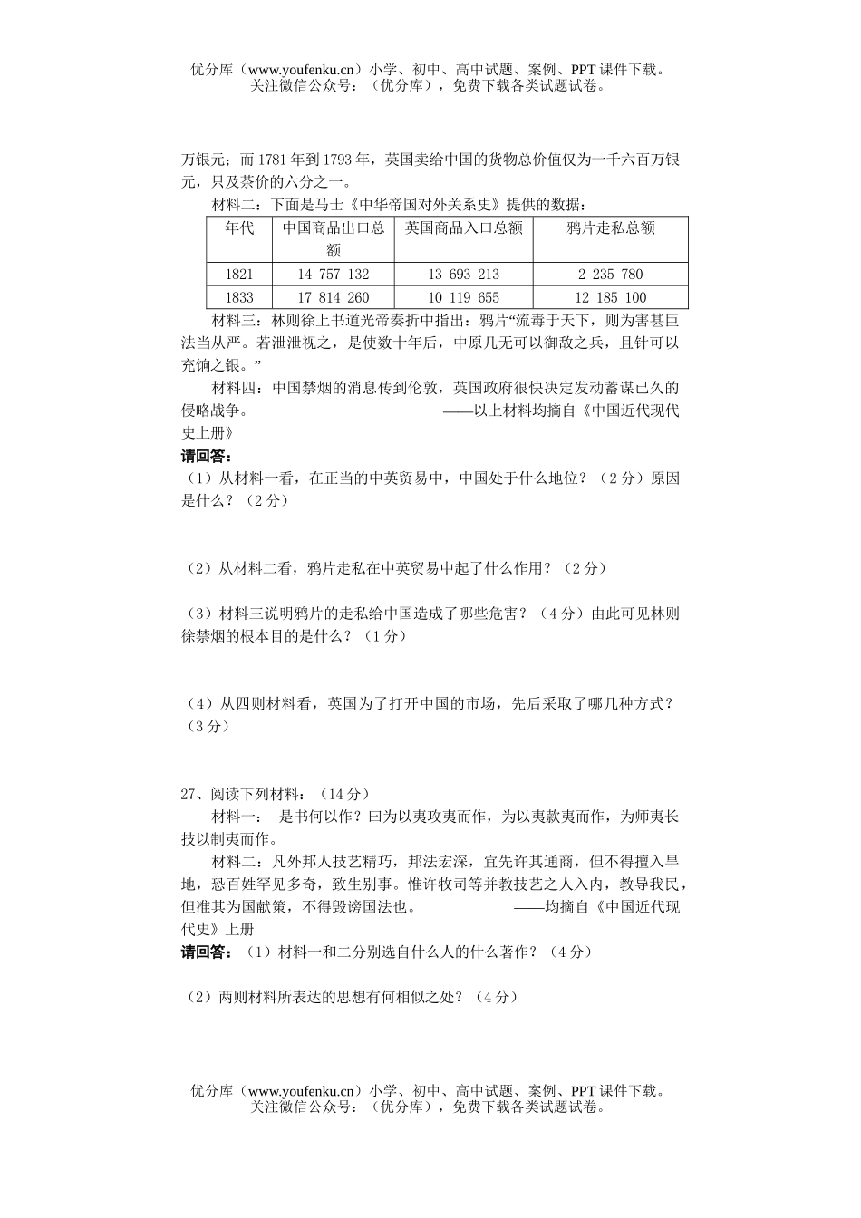 高中一年级历史上学期教学质量评估题1试卷_第3页