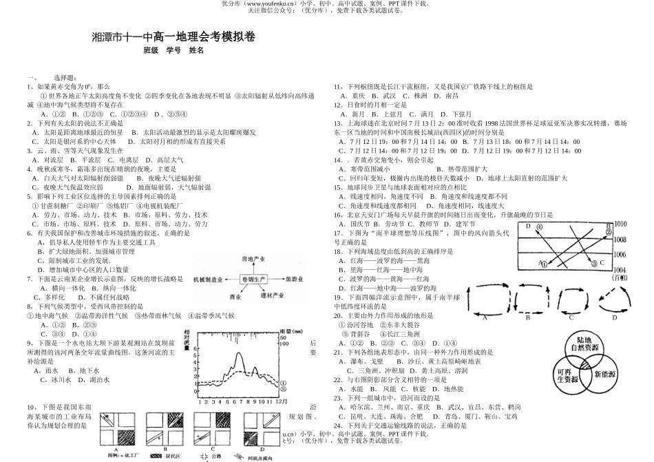 高中一年级地理湘潭市十一中会考模拟试卷_第1页