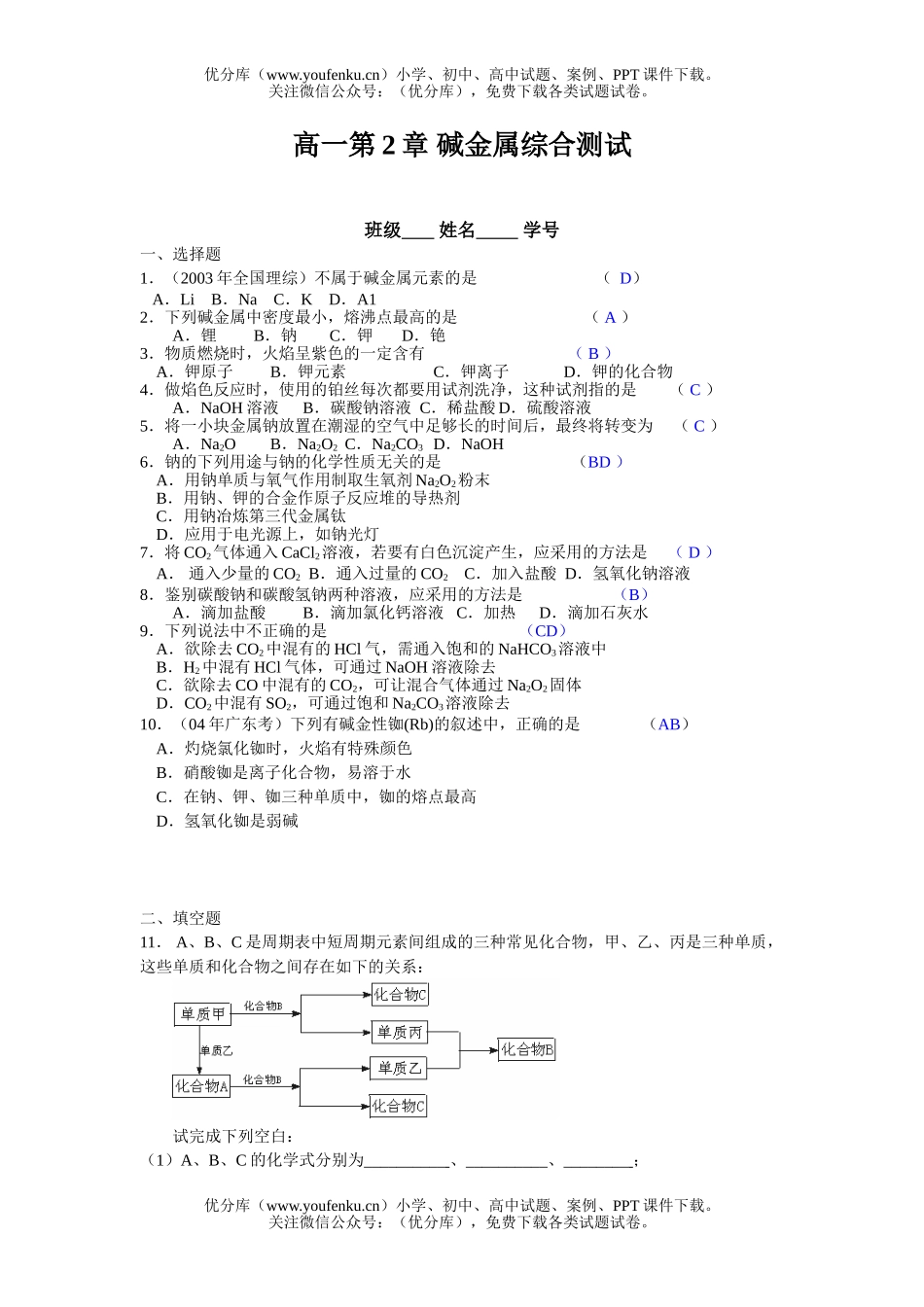 高中一年级化学第2章 碱金属综合测试卷_第1页