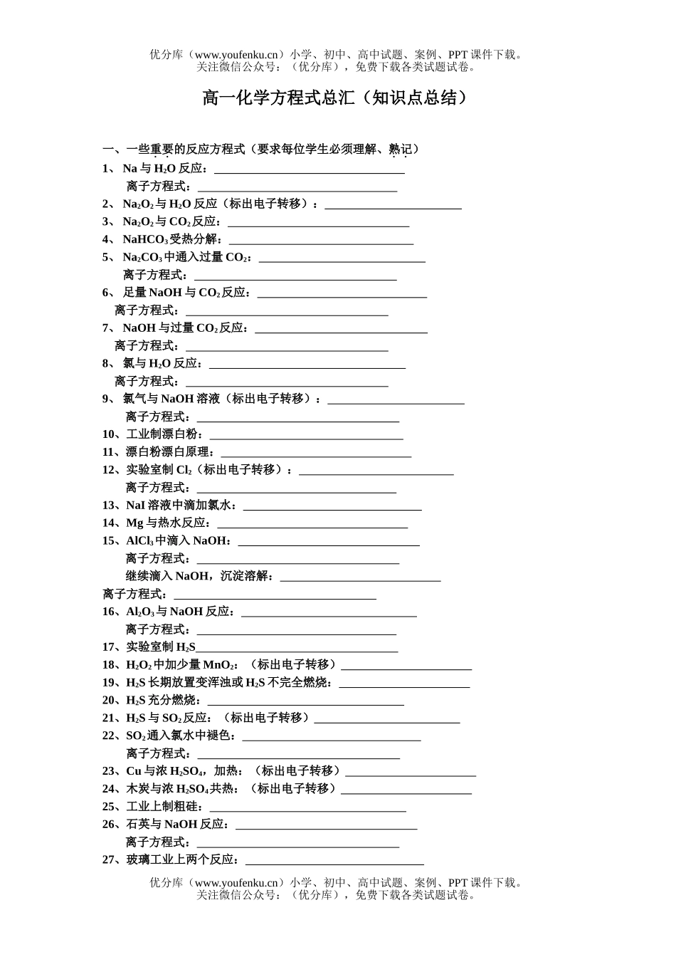 高中一年级化学方程式总汇(知识点总结)试卷_第1页