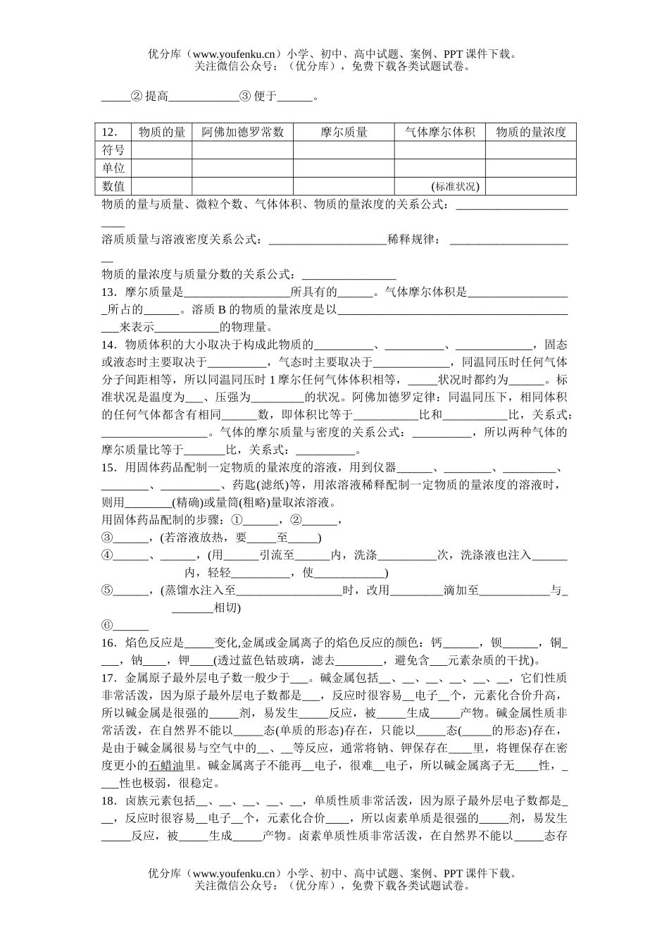 高中一年级化学基础知识 (上学期)试卷_第1页