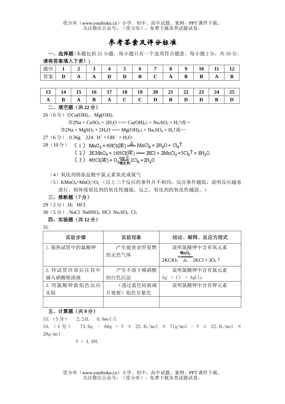 高中一年级化学第一学期期末质检复习题1试卷_第3页