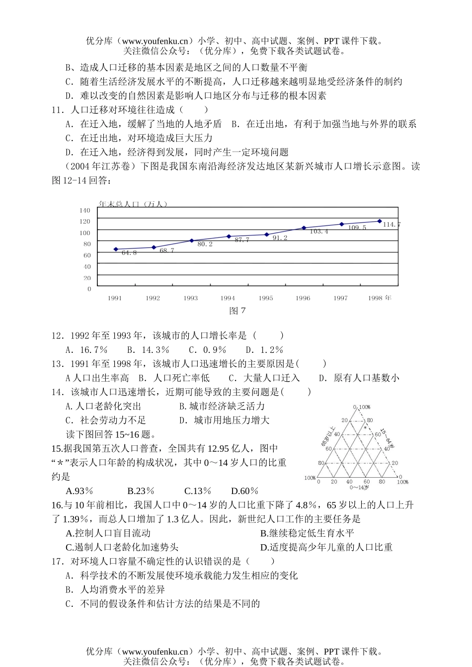 高中一年级地理下第一单元单元练习(人口与环境)试卷_第2页