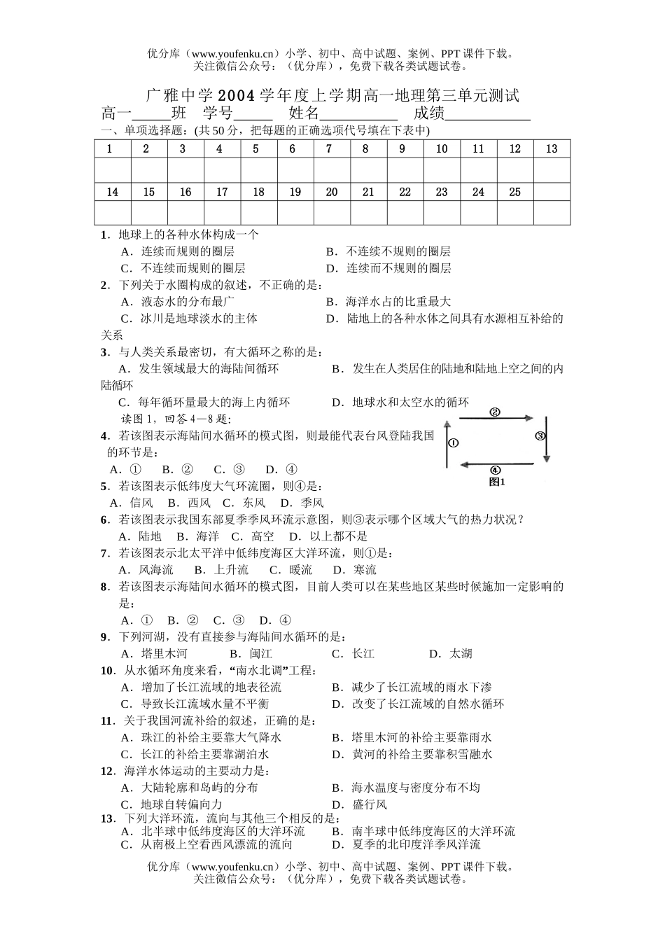 高中一年级地理广雅中学上学期第三单元测试卷_第1页