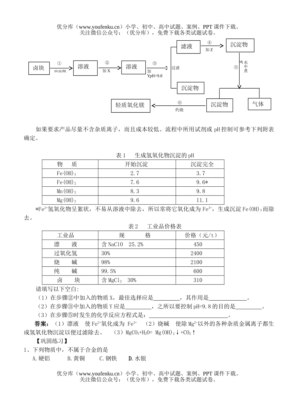 高中一年级化学竞赛辅导资料几种重要的金属练习试卷_第3页