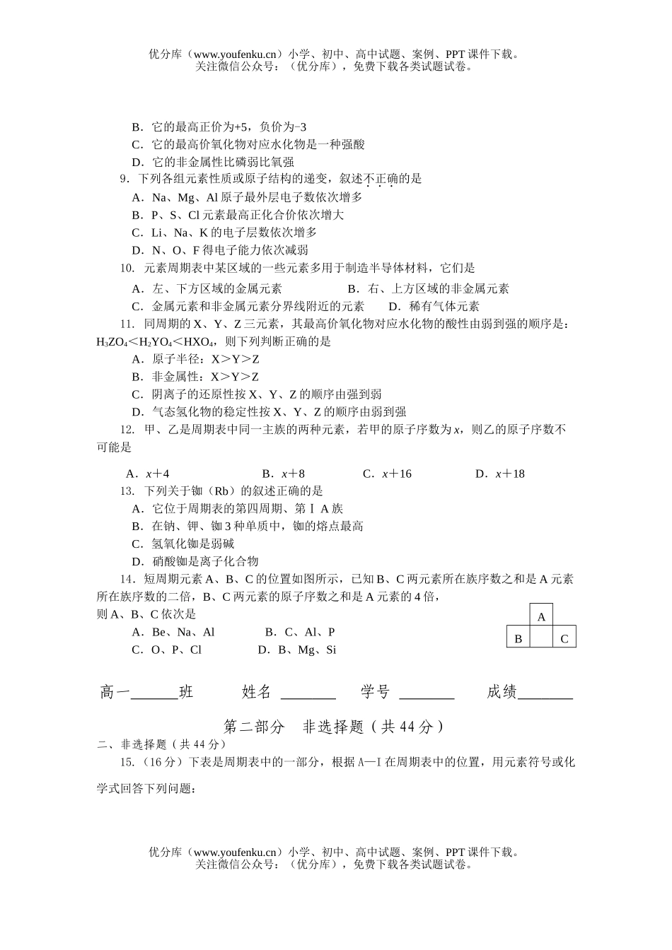 高中一年级化学物质结构元素周期律测B试卷_第2页