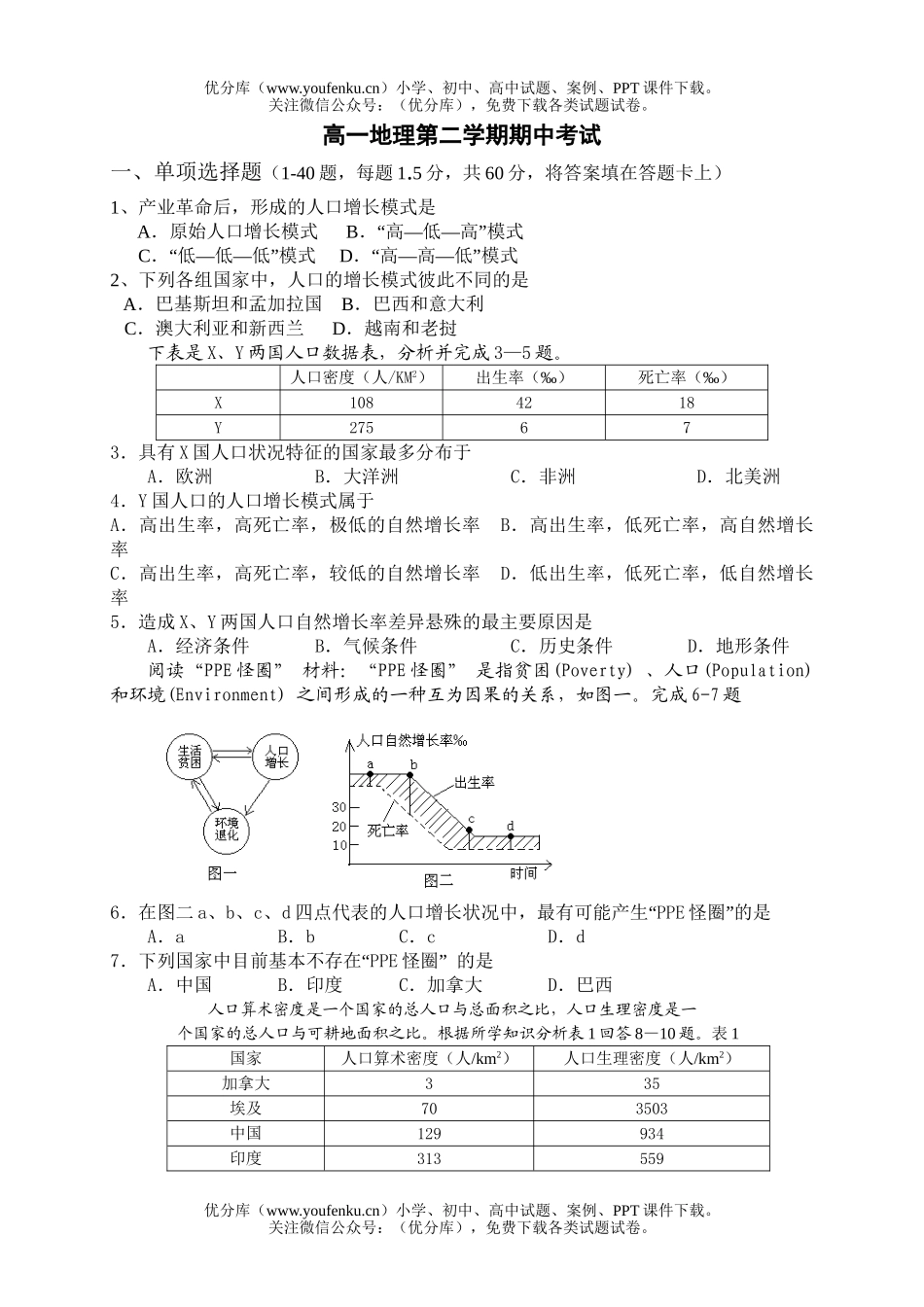 高中一年级地理第二学期期中考试卷_第1页