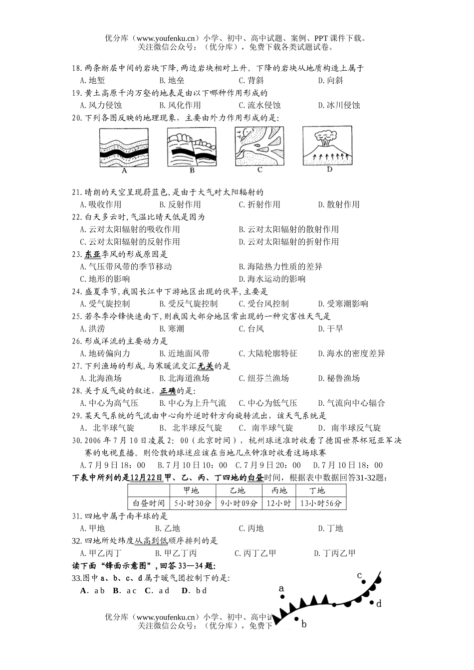 高中一年级地理必修Ⅰ第一二单元复习测试卷_第2页
