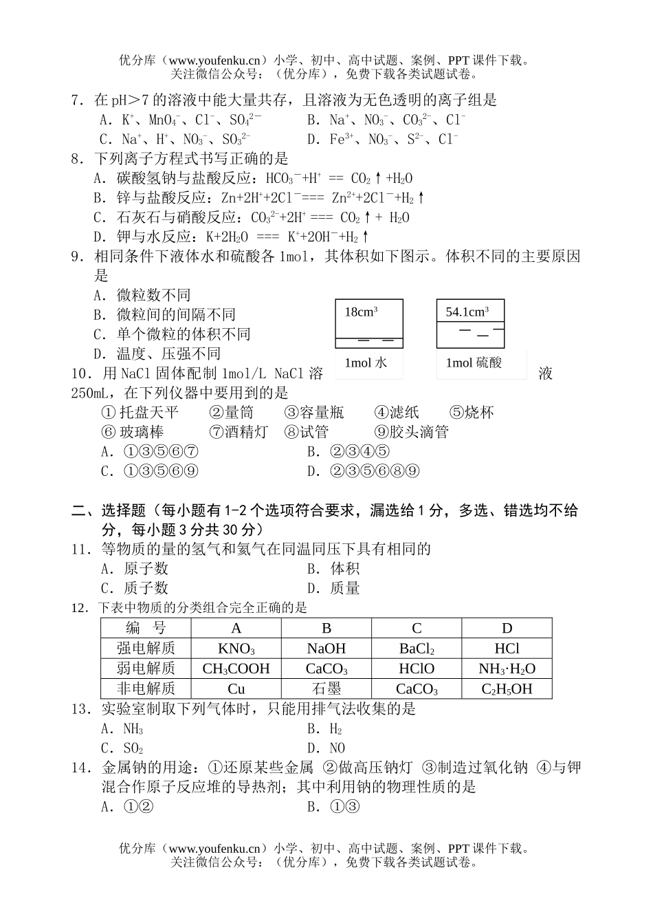 高中一年级化学第一学期期末学业评价试卷_第1页