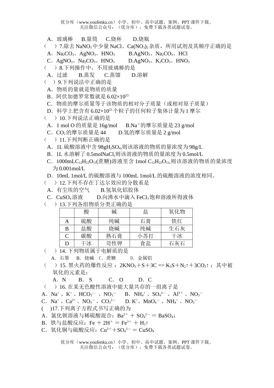 高中一年级化学第一学期期中考试1试卷_第2页