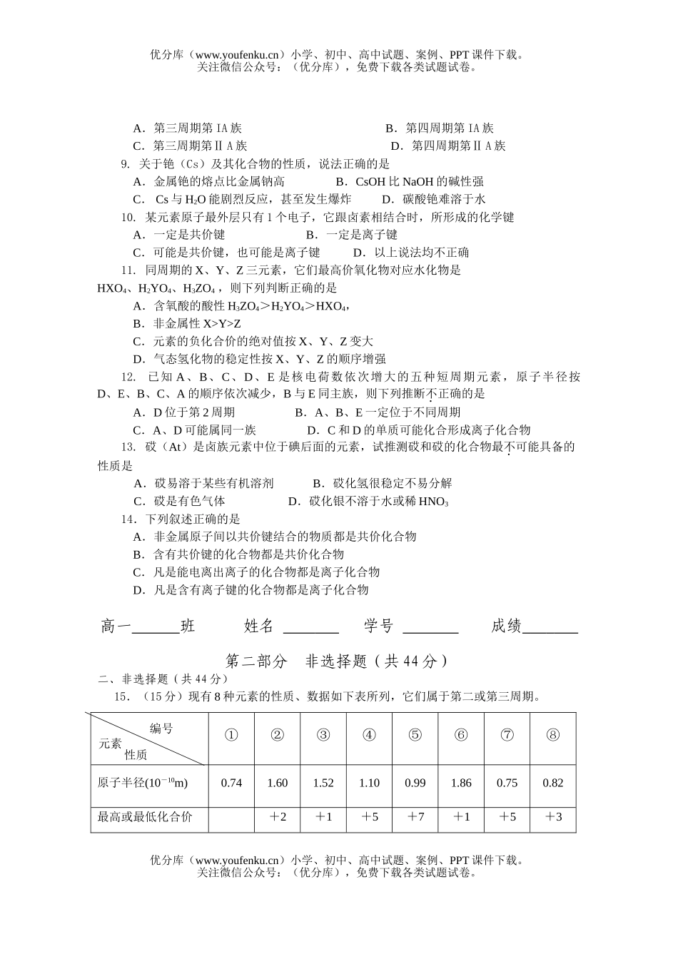 高中一年级化学物质结构元素周期律测A试卷_第2页