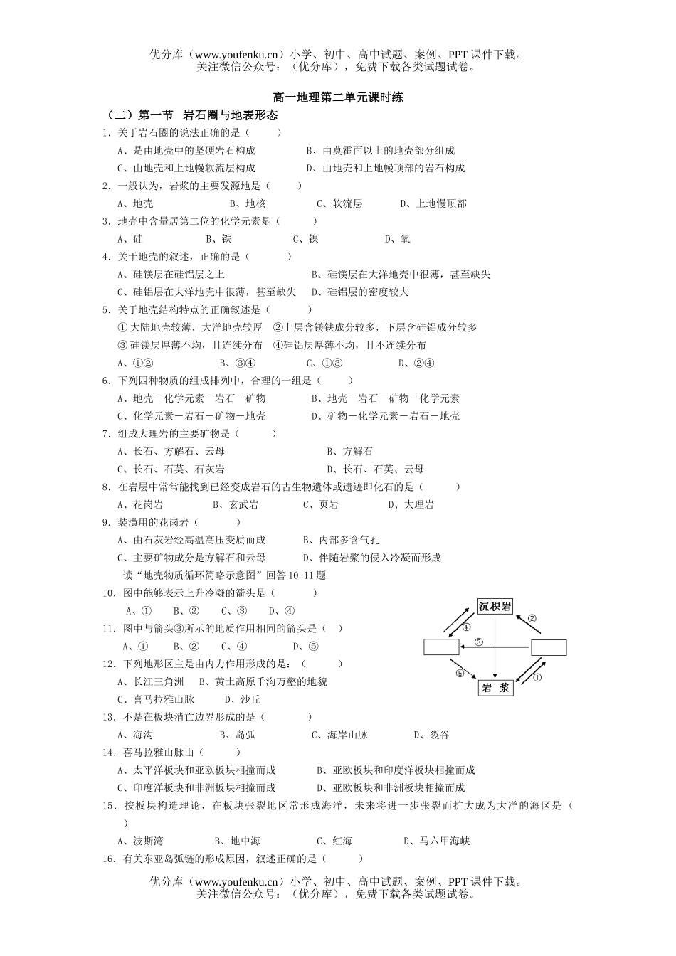 高中一年级地理第二单元课时练试卷_第1页